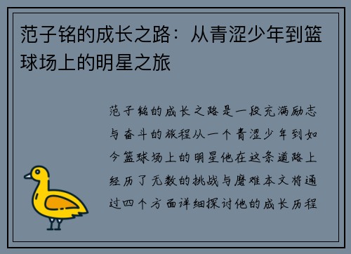 范子铭的成长之路:从青涩少年到篮球场上的明星之旅